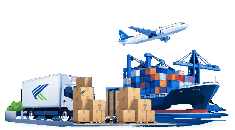 Illustration : camion de livraison Transport Flexible, colis sur palettes, navire porte-conteneurs et avion cargo